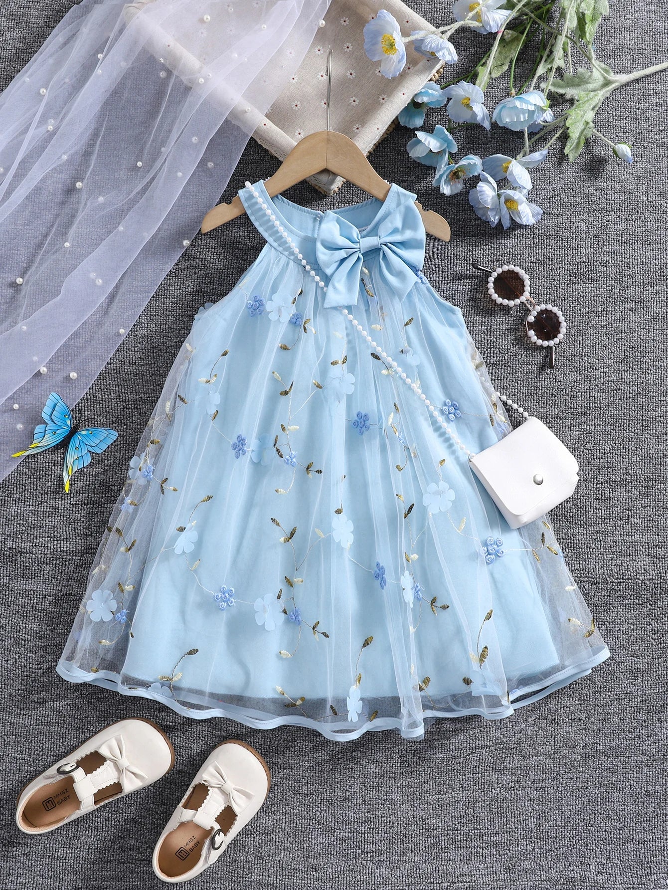 Vestido Infantil de Festa com Laço e Bordado Floral – Roupa Elegante para Meninas