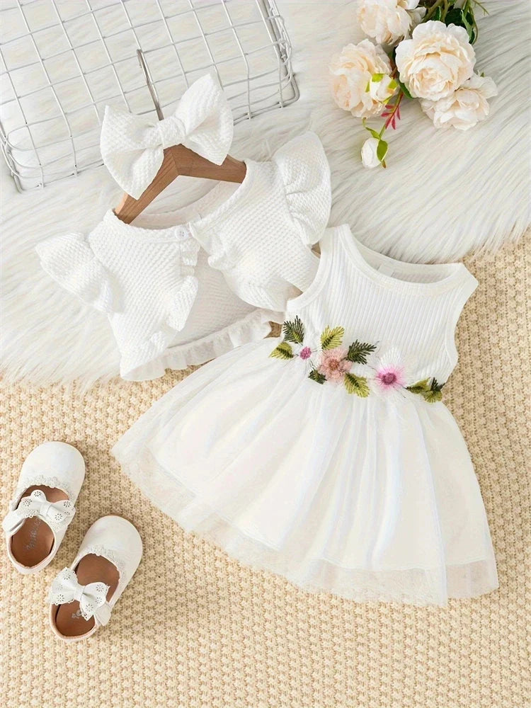 Vestido Infantil de Verão com Flor na Cintura – Conjunto com Bolero e Laço para Bebês