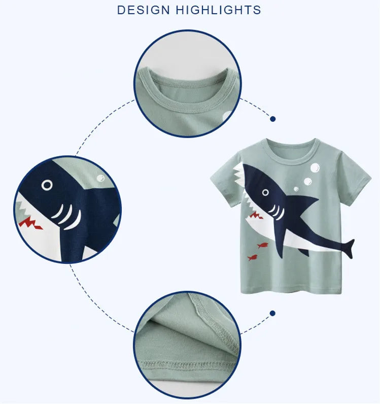 Camisetas Infantis 100% Algodão com Estampa 3D – Tubarões e Dinossauros Divertidos