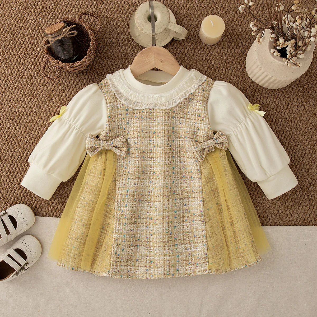 Vestido Infantil Xadrez com Tule e Laço – Manga Longa e Estilo Doce para Meninas