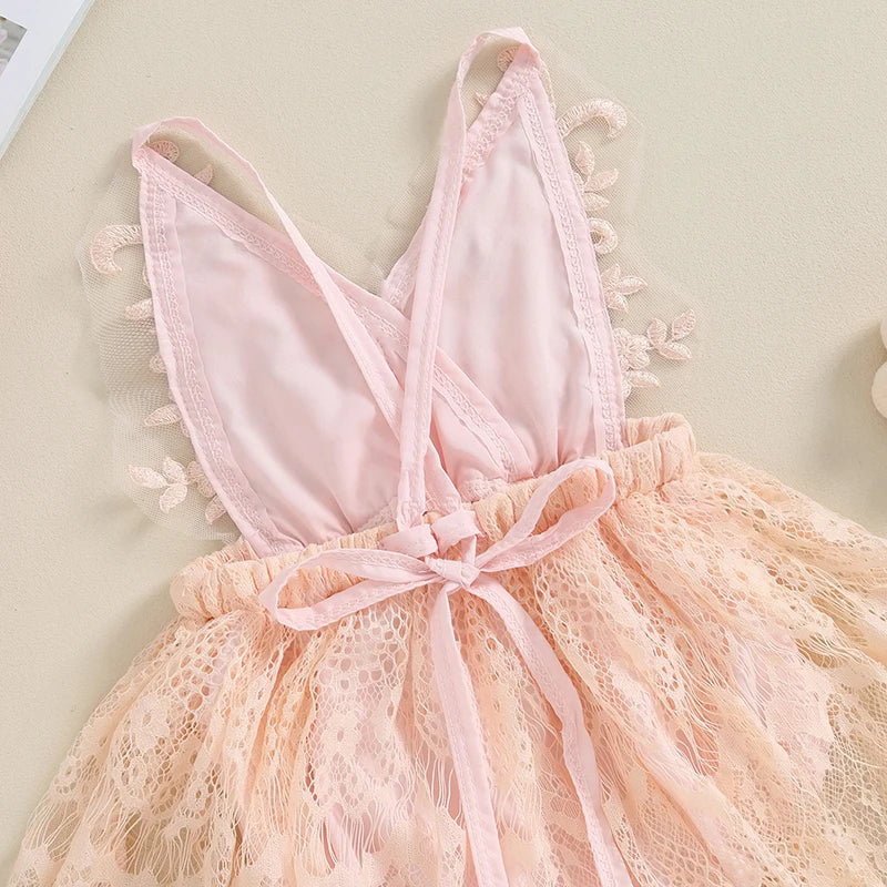 Vestido Infantil de Renda Rosa com Bordado Floral – Roupa de Festa para Bebês e Meninas