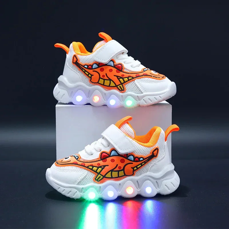 Tênis Infantil com LED Dinossauro – Sapato Esportivo com Luzes para Meninos e Meninas