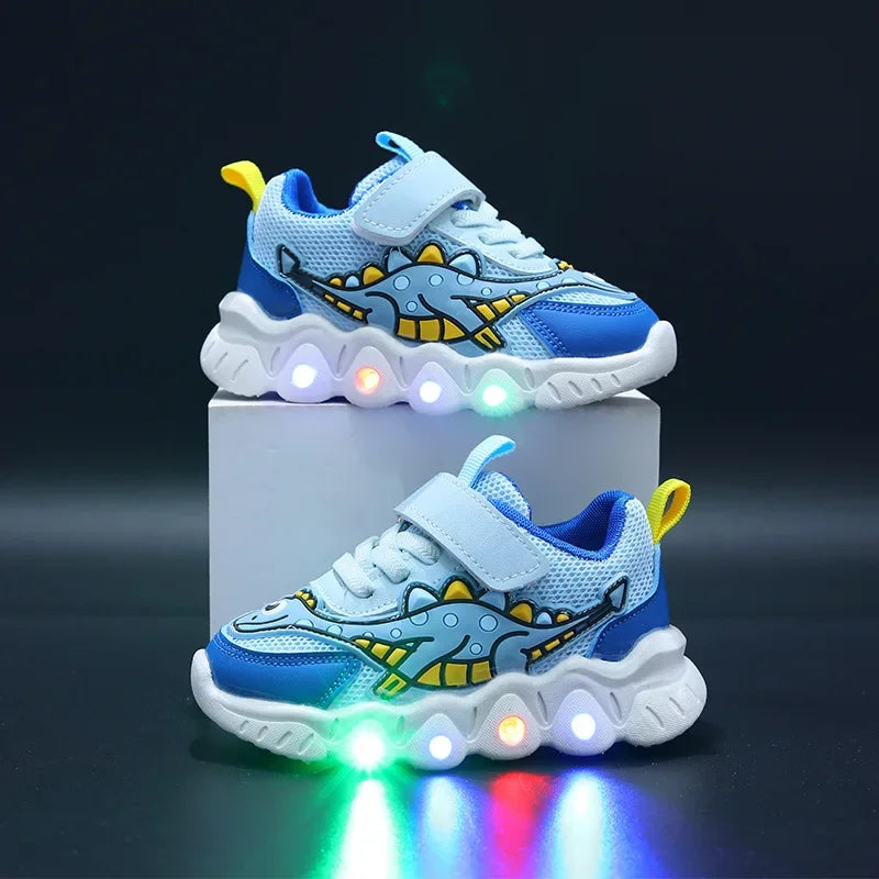Tênis Infantil com LED Dinossauro – Sapato Esportivo com Luzes para Meninos e Meninas