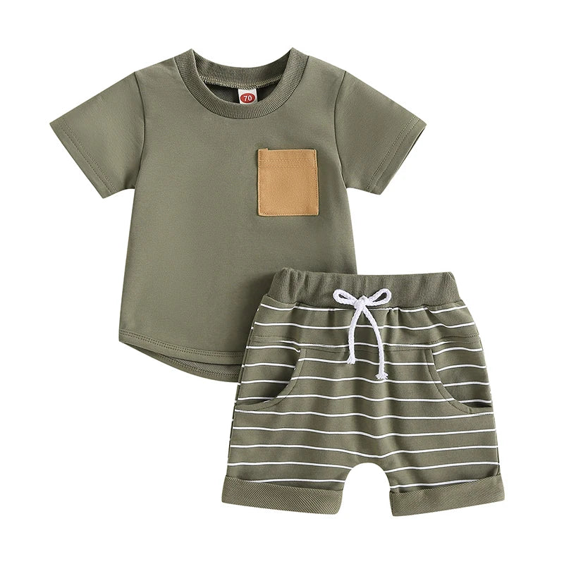 Conjunto Infantil Masculino de Verão – Camiseta de Algodão e Shorts Listrados Elásticos