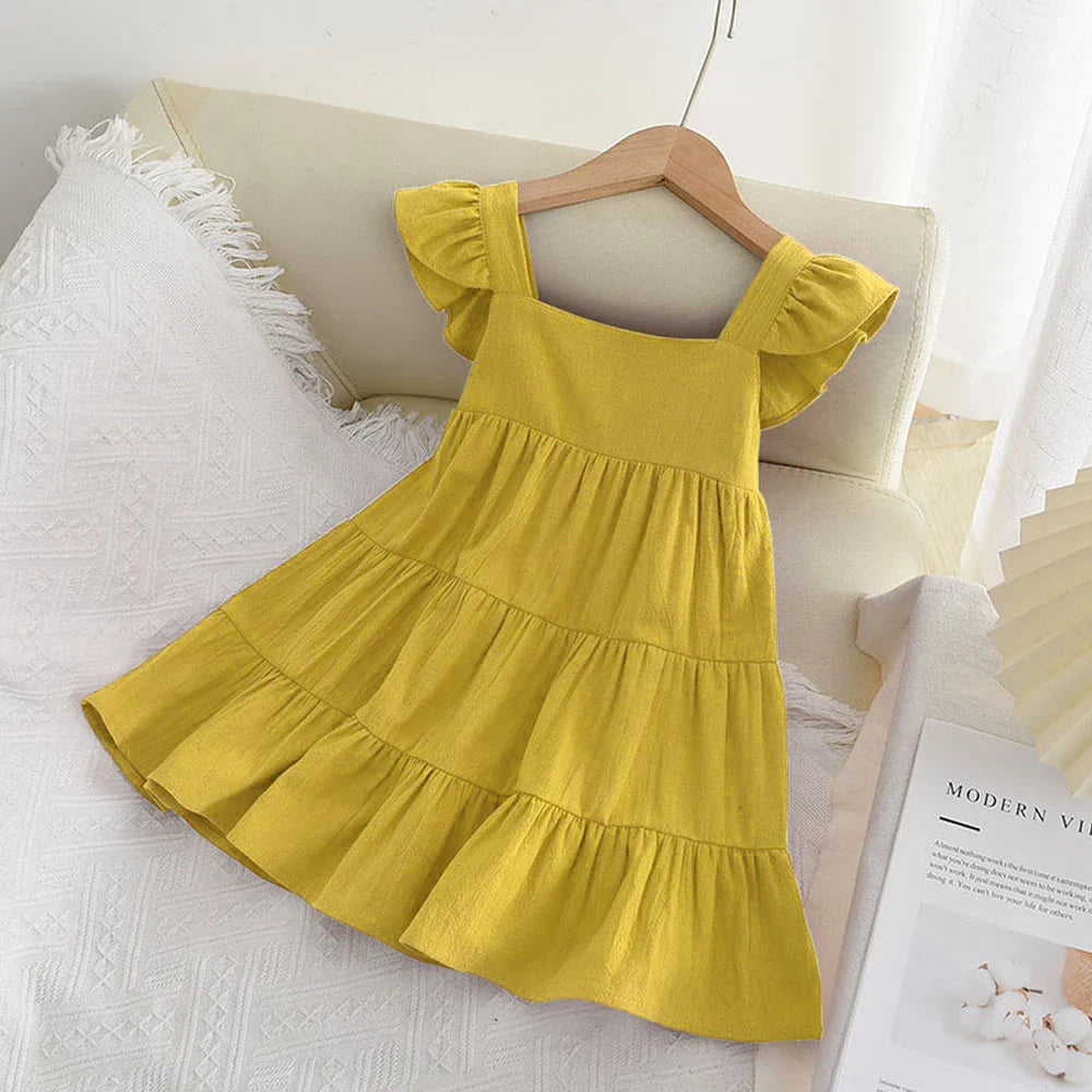 Vestido Infantil de Verão com Babados – Estilo Princesa Coreano, Sem Mangas e Cores Sólidas