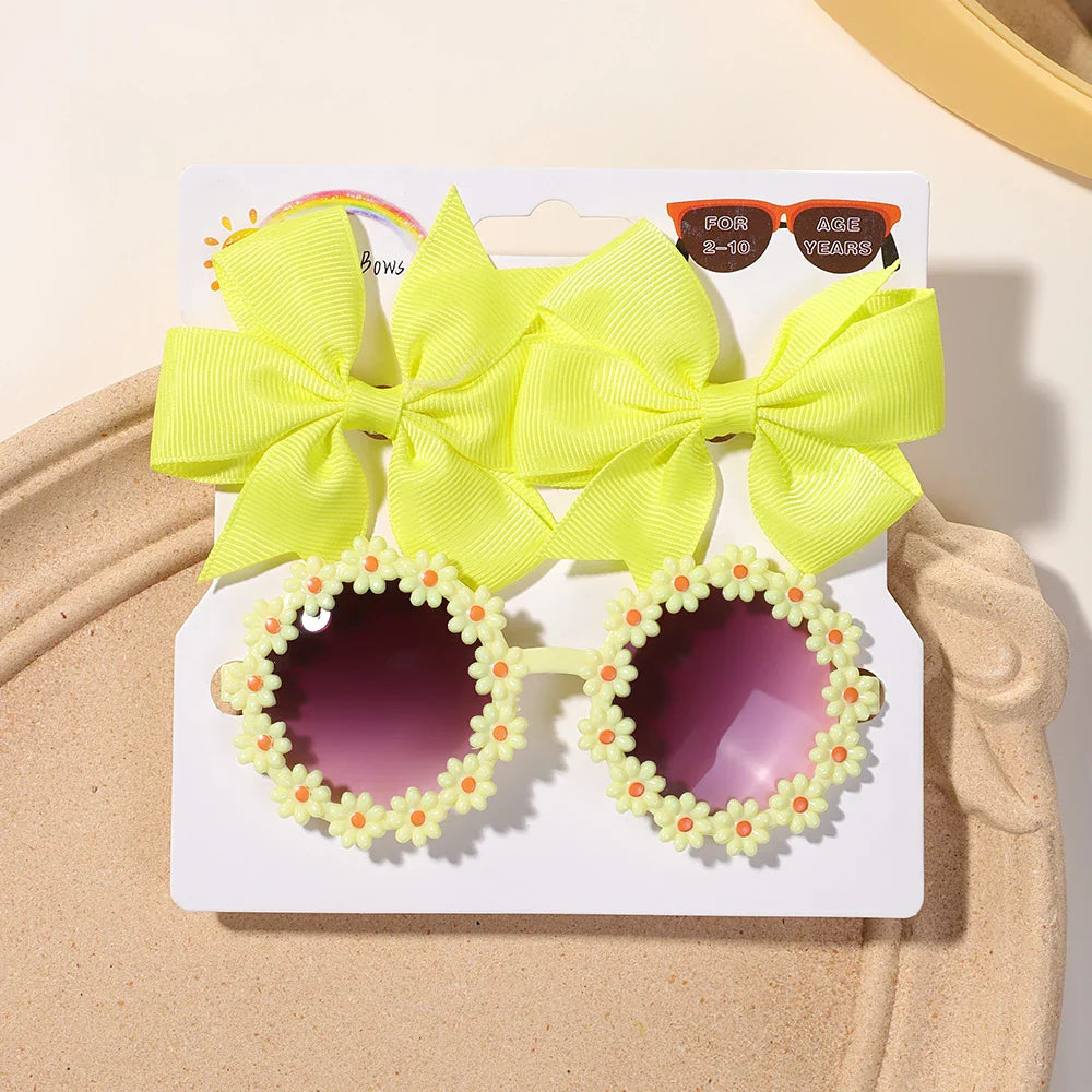 Conjunto 3 Presilhas Cheer Bow Retrô com Estampa Floral + Óculos Decorativo | Acessórios de Cabelo Feitos à Mão para Meninas
