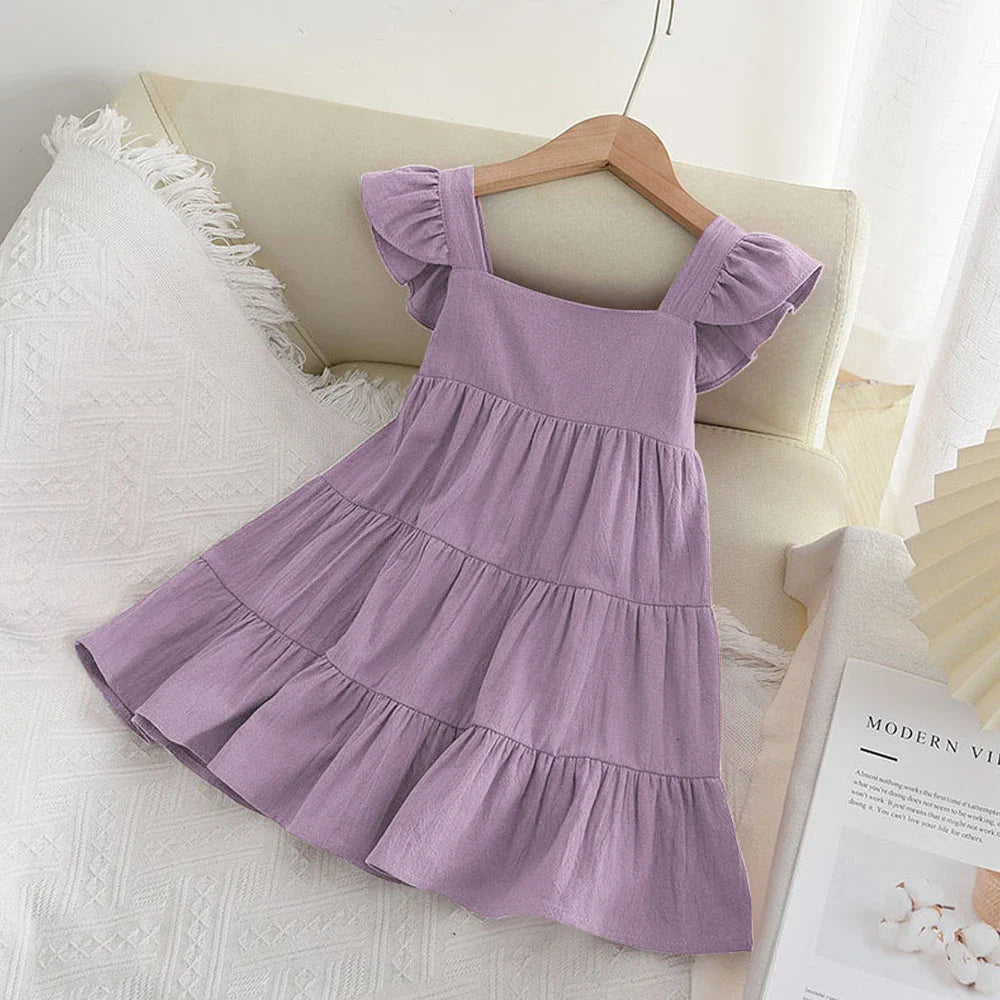 Vestido Infantil de Verão com Babados – Estilo Princesa Coreano, Sem Mangas e Cores Sólidas