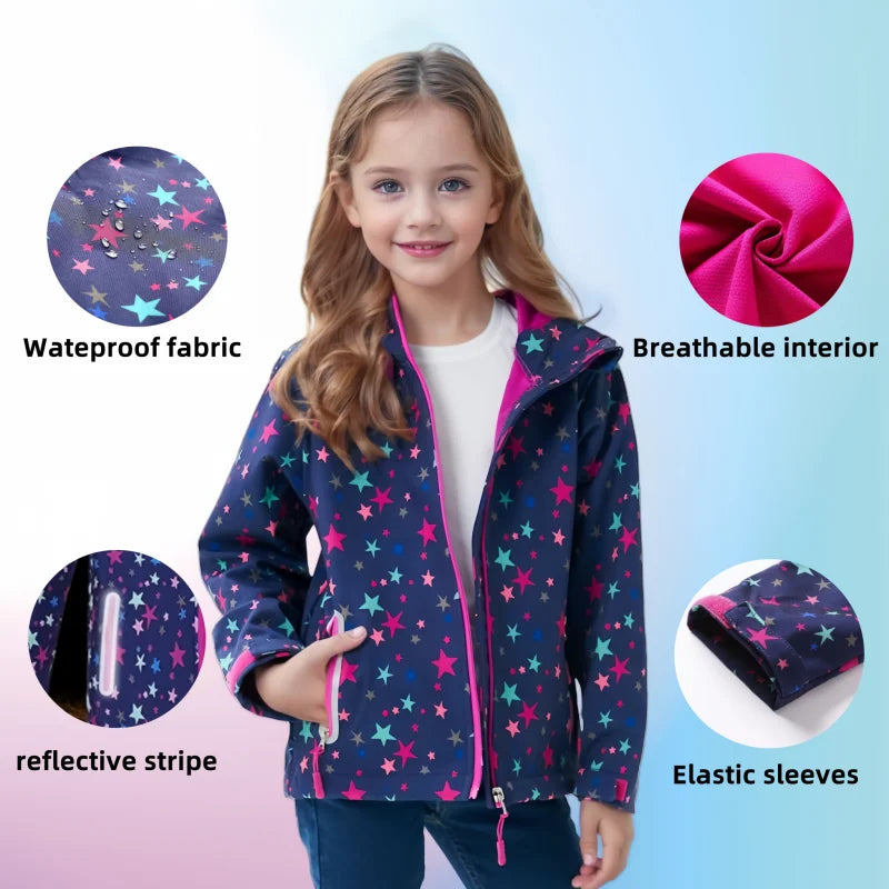 Jaqueta Infantil Impermeável Forrada em Fleece – Corta-Vento de Primavera e Outono para Meninas