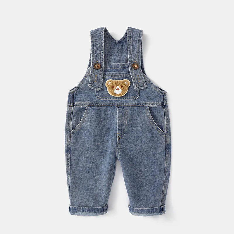 Jardineira Infantil Jeans Unissex com Aplique de Ursinho – Conforto e Estilo para Todas as Estações
