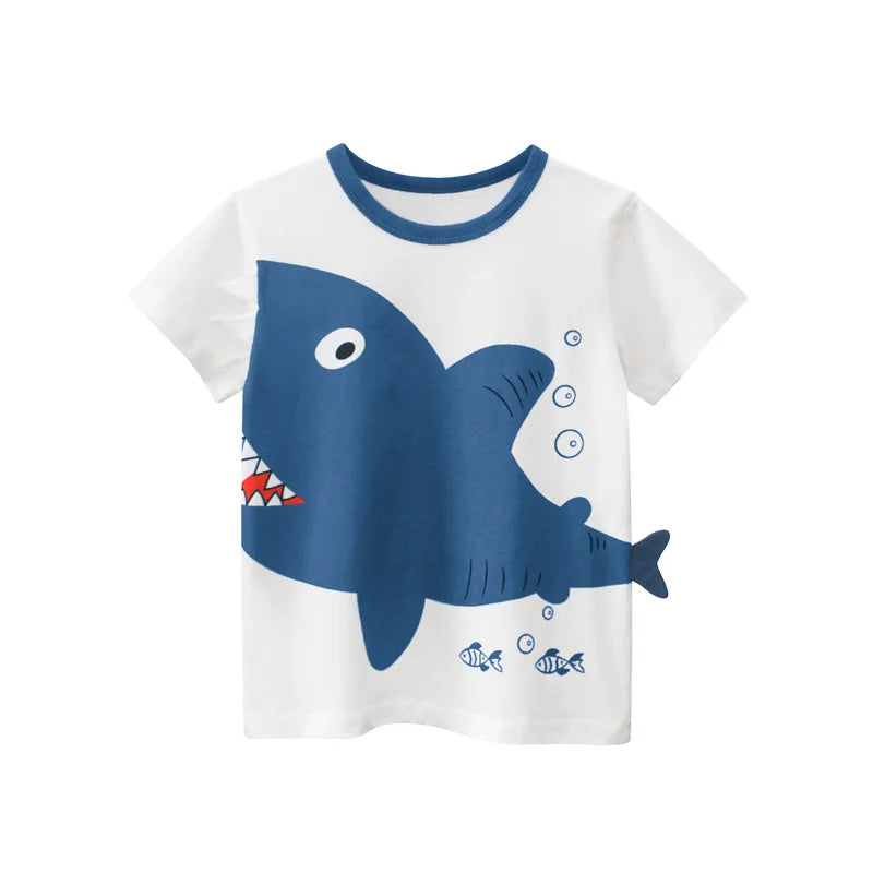 Camisetas Infantis 100% Algodão com Estampa 3D – Tubarões e Dinossauros Divertidos