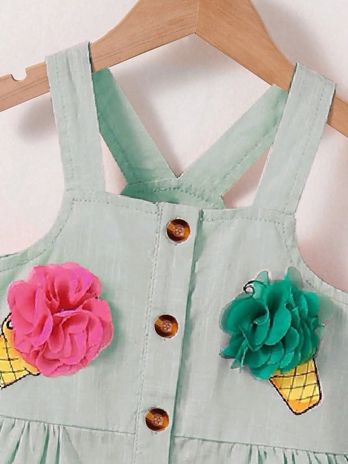 Vestido Infantil Branco de Verão com Estampa de Sorvete e Flores 3D – Sem Mangas