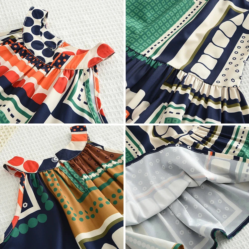 Vestido Infantil Verão Sem Manga com Estampa Patchwork Colorida – Moda Coreana para Meninas