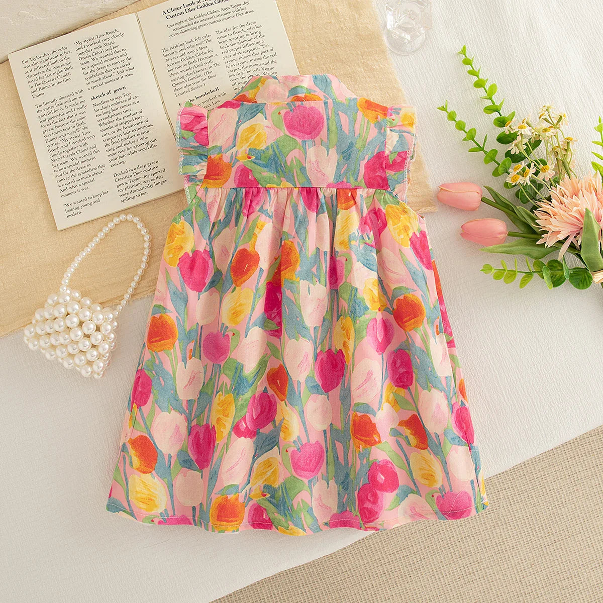 Vestido Infantil de Verão Sem Manga com Estampa Floral – Babados e Gola Alta