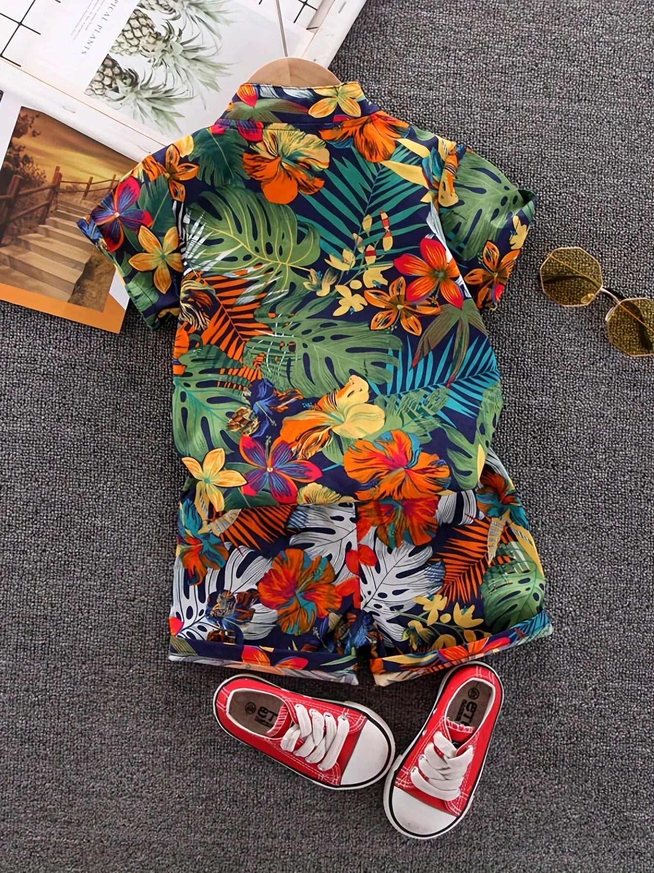 Conjunto Infantil de Verão com Camisa Floral e Shorts – Estilo Tropical para Meninos