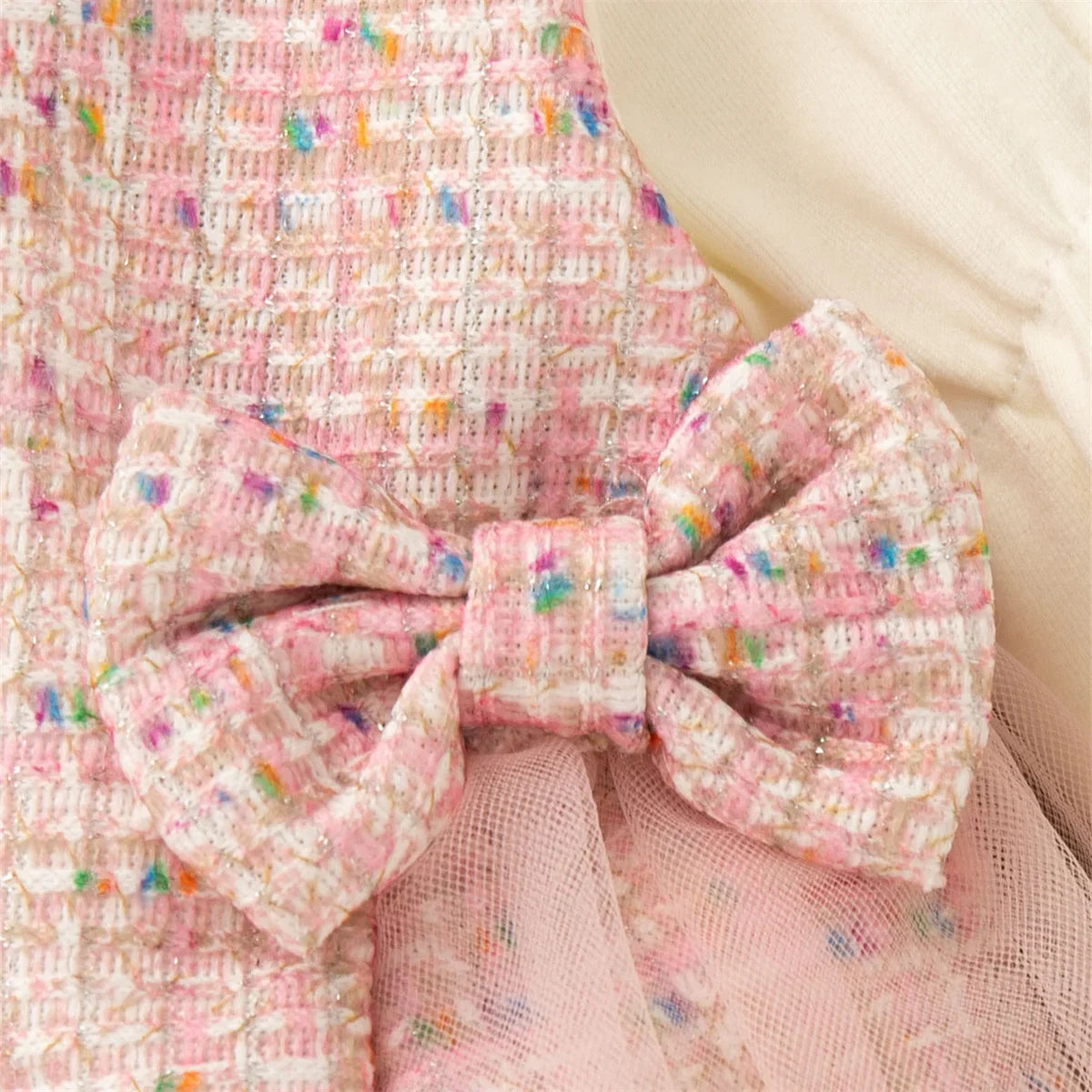 Vestido Infantil Xadrez com Tule e Laço – Manga Longa e Estilo Doce para Meninas