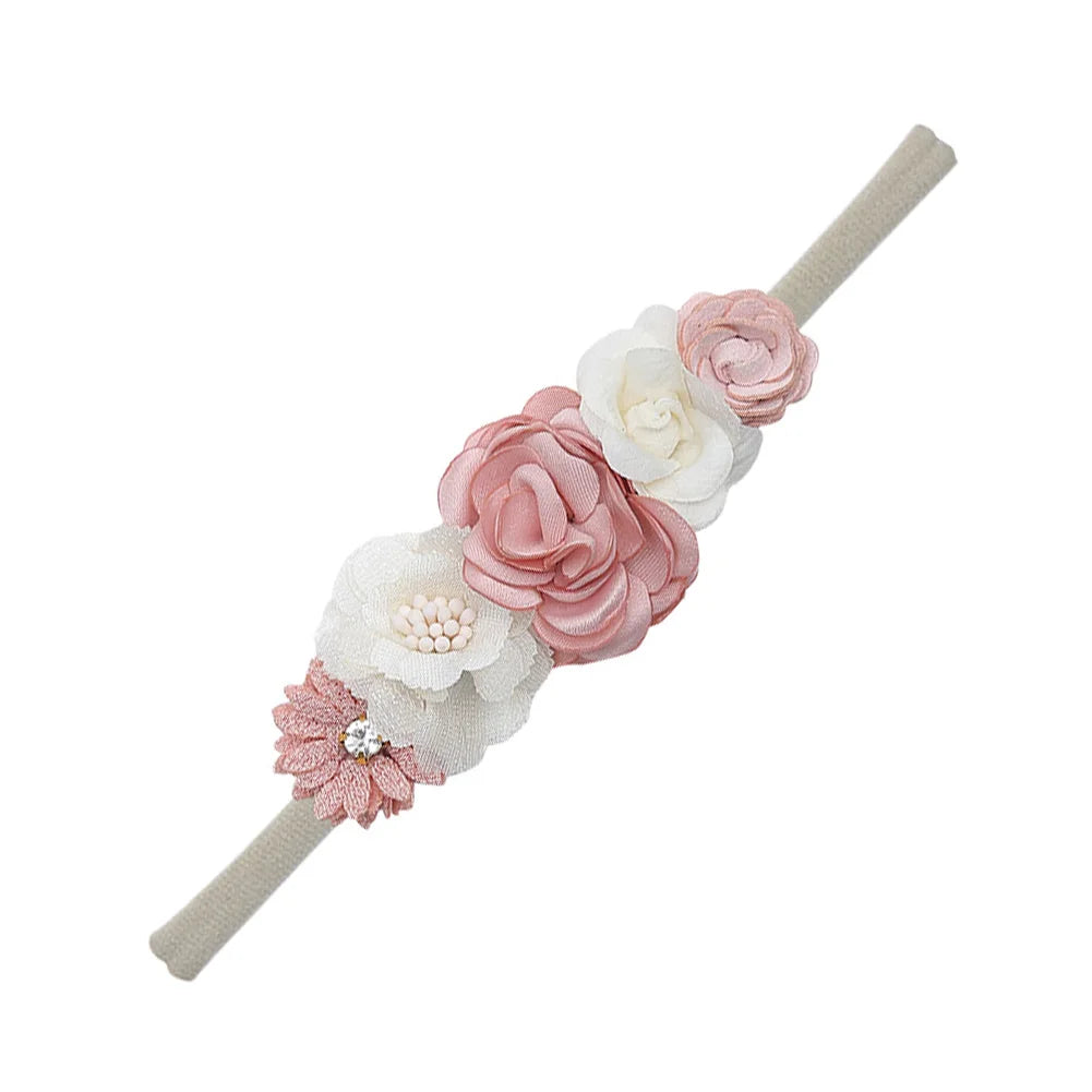 5 Tiaras Florais para Bebê Recém-Nascido – Faixas de Cabelo de Nylon com Flores Artificiais e Strass