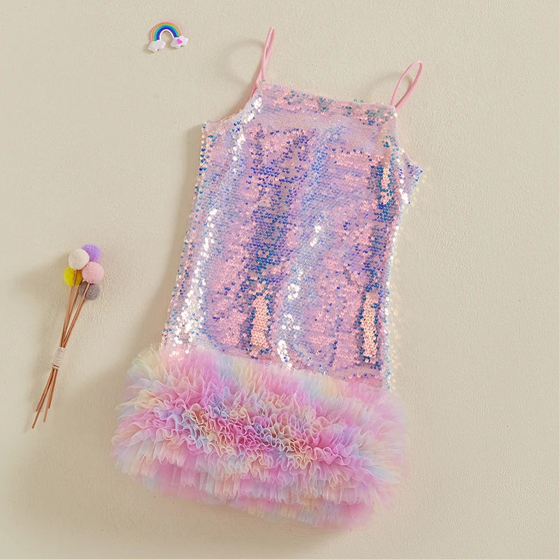 Vestido Infantil de Festa com Paetês e Camadas de Tule – Alças Finas e Babados Elegantes