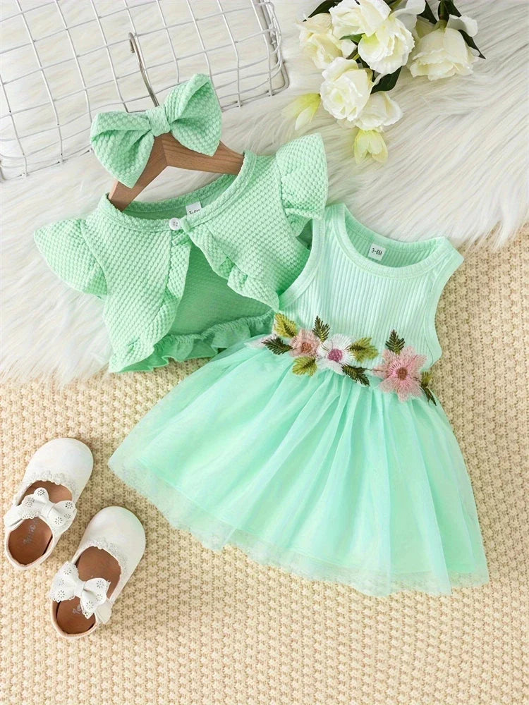 Vestido Infantil de Verão com Flor na Cintura – Conjunto com Bolero e Laço para Bebês