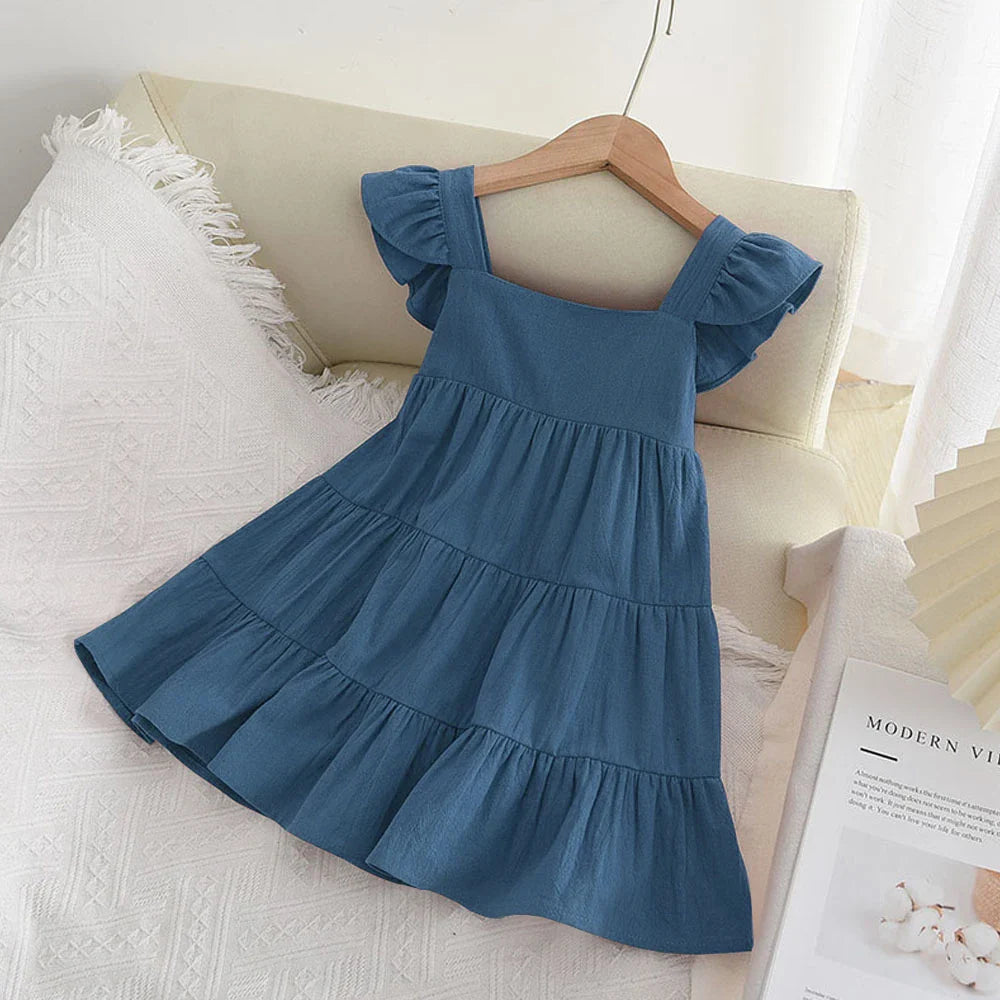 Vestido Infantil de Verão com Babados – Estilo Princesa Coreano, Sem Mangas e Cores Sólidas