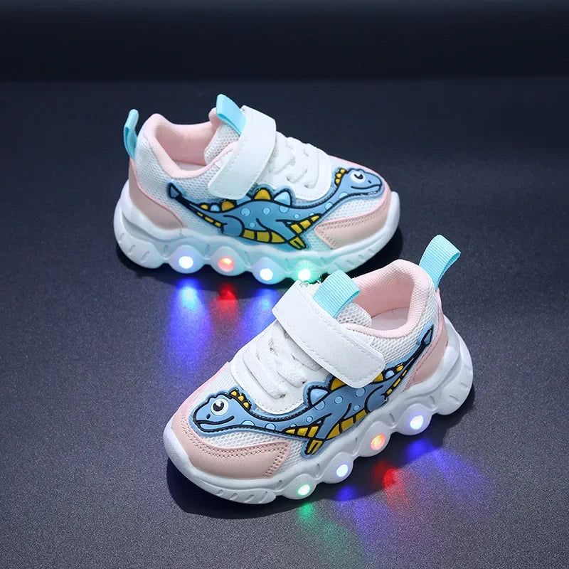 Tênis Infantil com LED Dinossauro – Sapato Esportivo com Luzes para Meninos e Meninas
