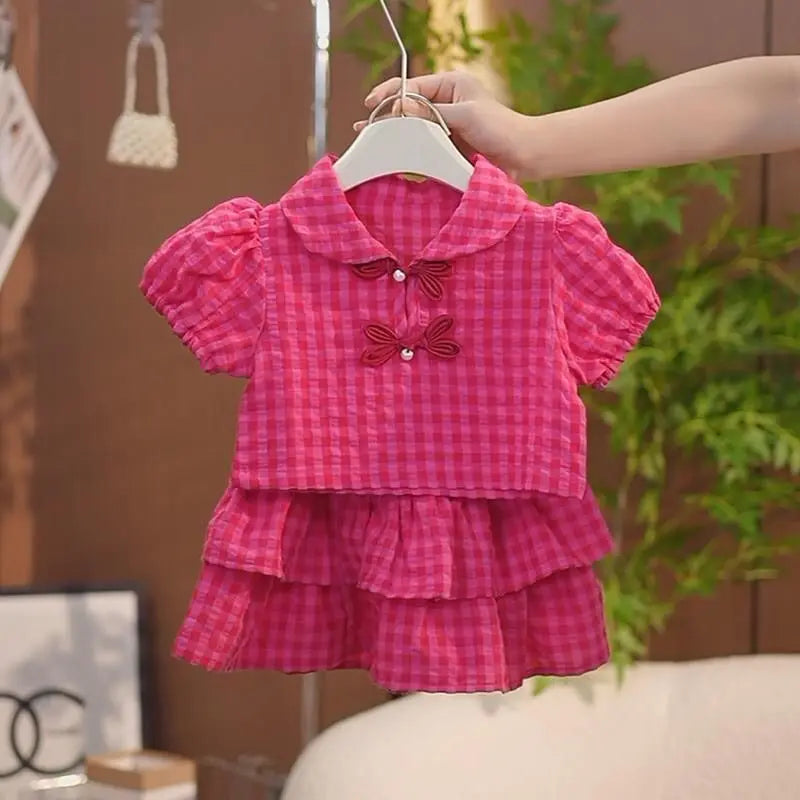 Conjunto Infantil Feminino Xadrez Rosa com Blusa e Saia – Delicadeza e Estilo para as Pequenas