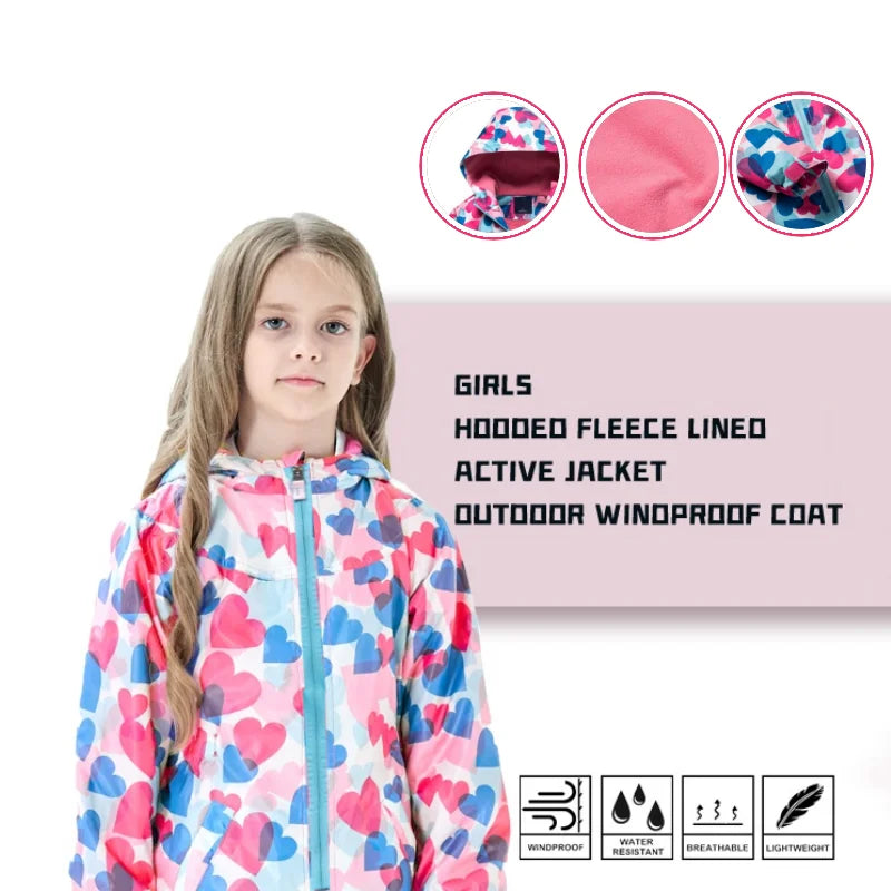 Jaqueta Infantil Impermeável Forrada em Fleece – Corta-Vento de Primavera e Outono para Meninas