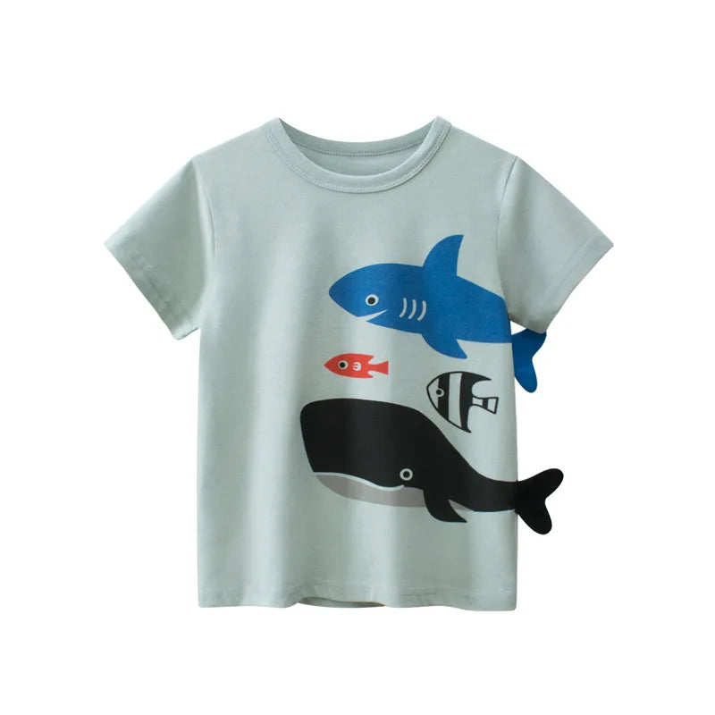 Camisetas Infantis 100% Algodão com Estampa 3D – Tubarões e Dinossauros Divertidos