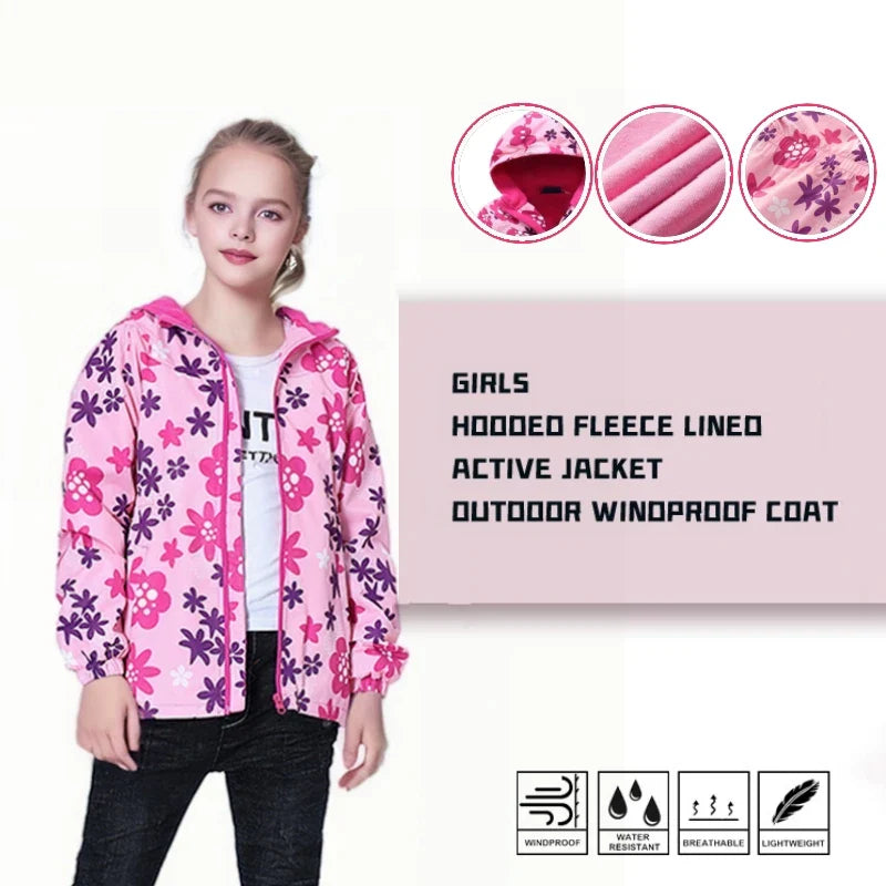 Jaqueta Infantil Impermeável Forrada em Fleece – Corta-Vento de Primavera e Outono para Meninas