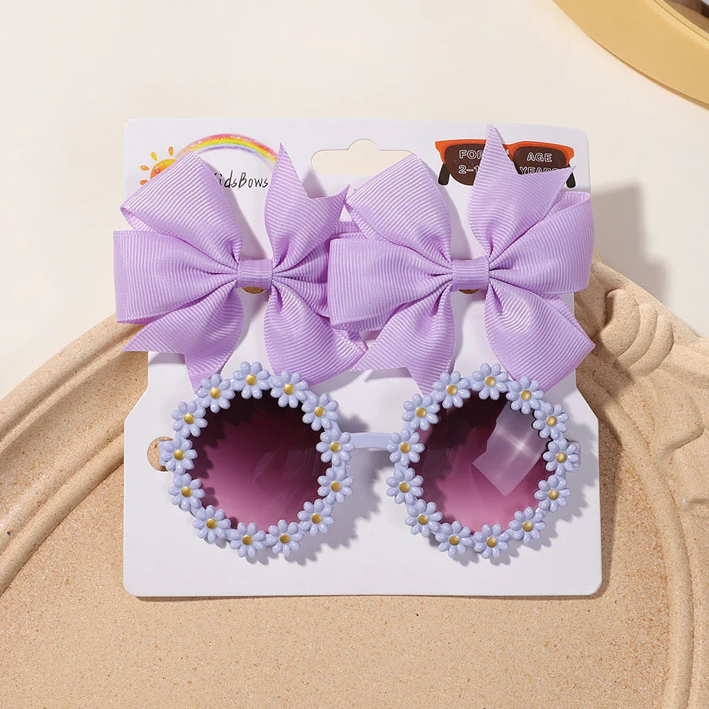 Conjunto 3 Presilhas Cheer Bow Retrô com Estampa Floral + Óculos Decorativo | Acessórios de Cabelo Feitos à Mão para Meninas