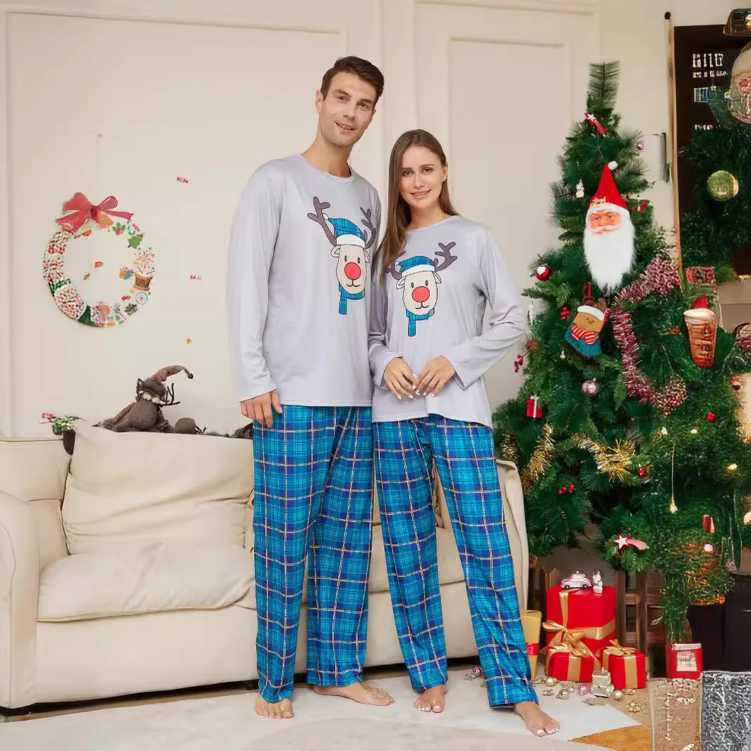 Conjunto Família Natal– Pijamas Rena Xadrez Azul