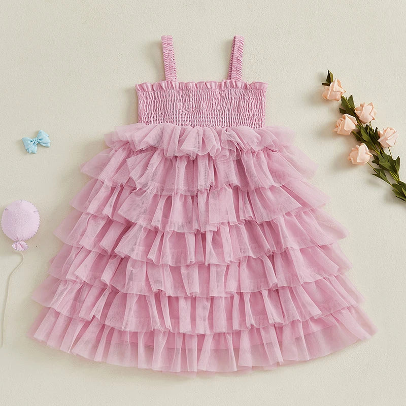 Vestido Infantil Rosa com Babados em Camadas e Laços – Roupa de Festa para Meninas