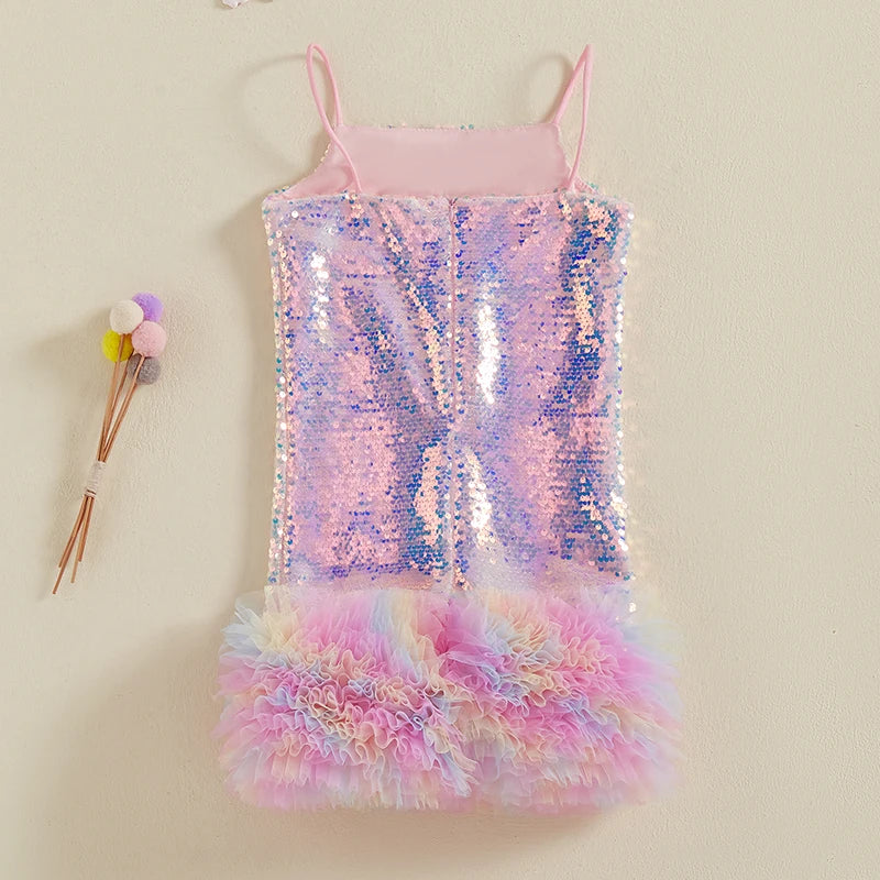 Vestido Infantil de Festa com Paetês e Camadas de Tule – Alças Finas e Babados Elegantes