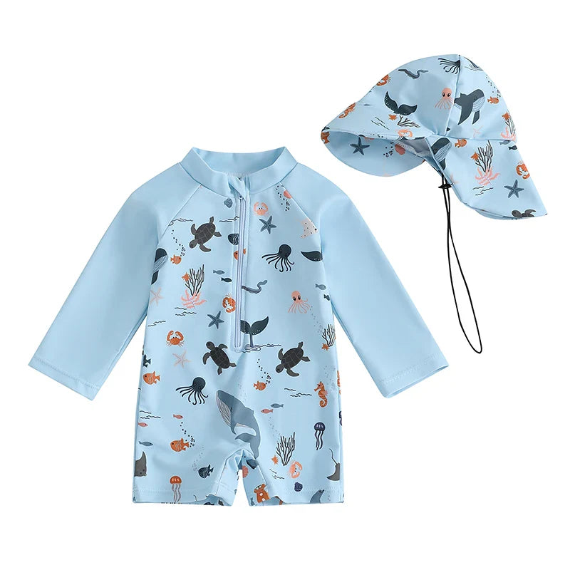 Maiô Infantil Manga Longa com Estampa Marinha + Chapéu – Para Bebês e Meninos de 0 a 3 Anos | Proteção Solar e Zíper Frontal