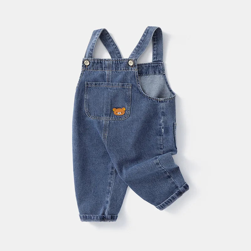 Jardineira Infantil Jeans Unissex com Aplique de Ursinho – Conforto e Estilo para Todas as Estações