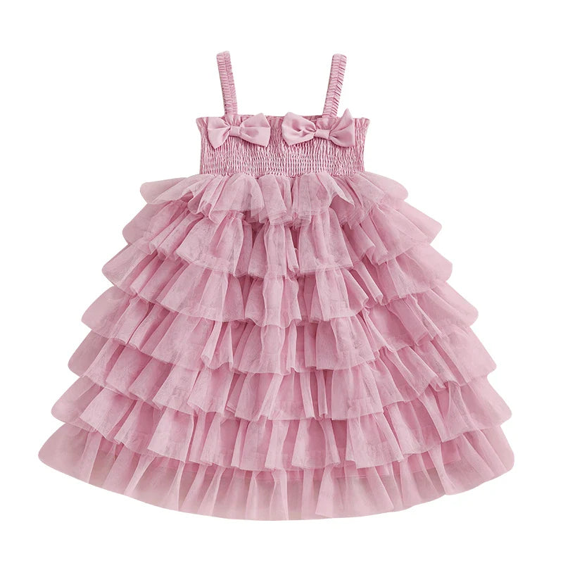 Vestido Infantil Rosa com Babados em Camadas e Laços – Roupa de Festa para Meninas