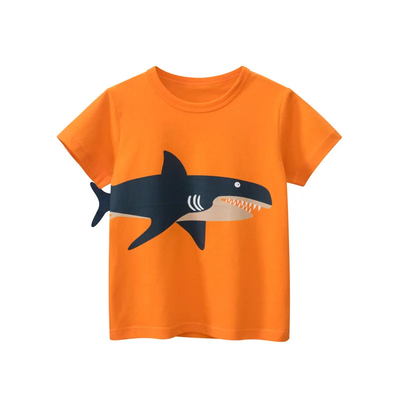 Camisetas Infantis 100% Algodão com Estampa 3D – Tubarões e Dinossauros Divertidos