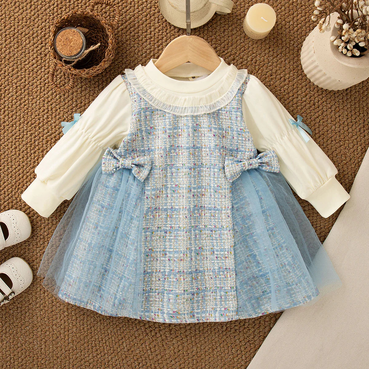 Vestido Infantil Xadrez com Tule e Laço – Manga Longa e Estilo Doce para Meninas