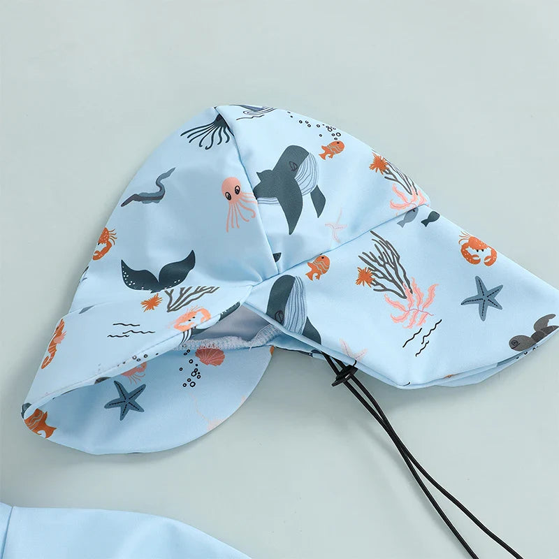 Maiô Infantil Manga Longa com Estampa Marinha + Chapéu – Para Bebês e Meninos de 0 a 3 Anos | Proteção Solar e Zíper Frontal
