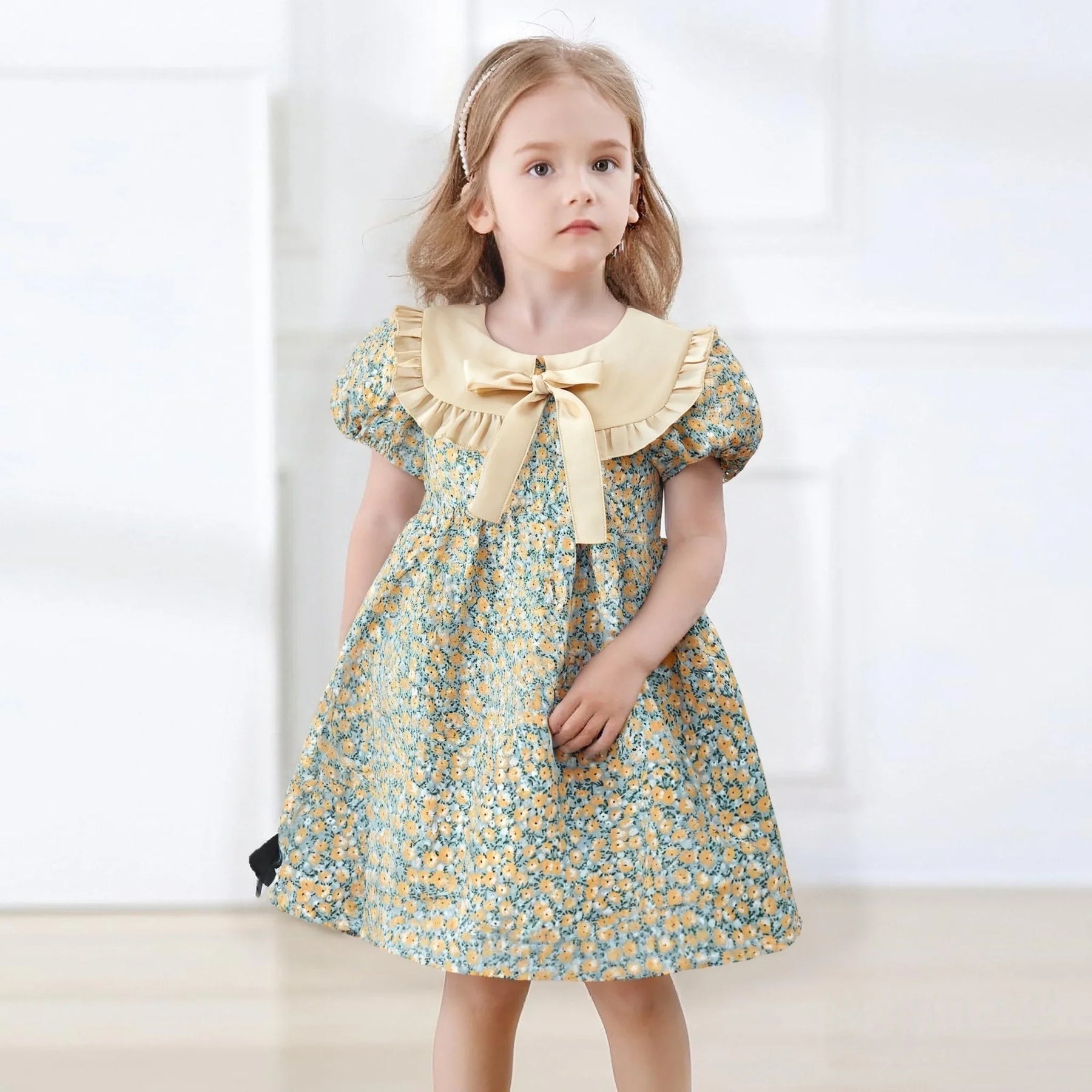 Vestido Infantil de Verão com Gola Boneca e Laço – Estilo Princesa Coreano