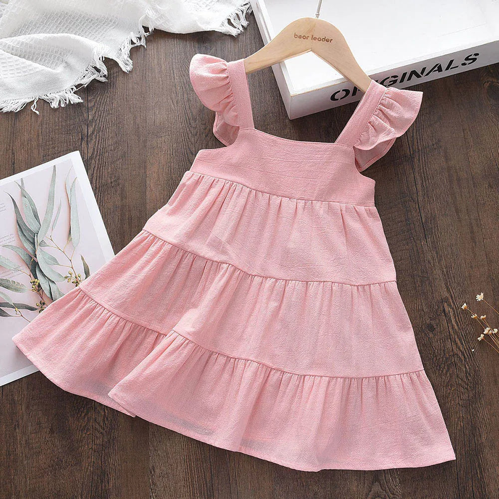Vestido Infantil de Verão com Babados – Estilo Princesa Coreano, Sem Mangas e Cores Sólidas