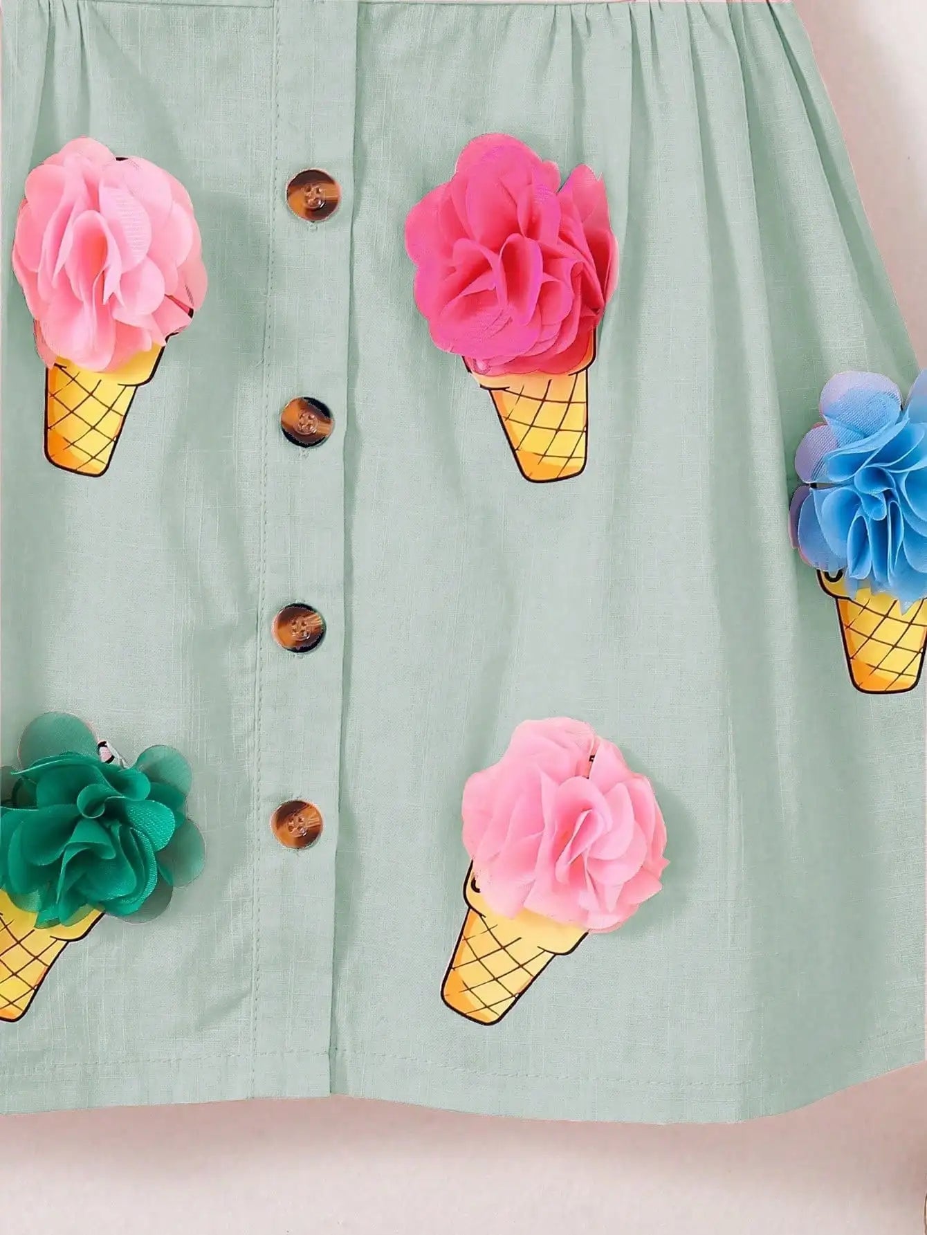 Vestido Infantil Branco de Verão com Estampa de Sorvete e Flores 3D – Sem Mangas