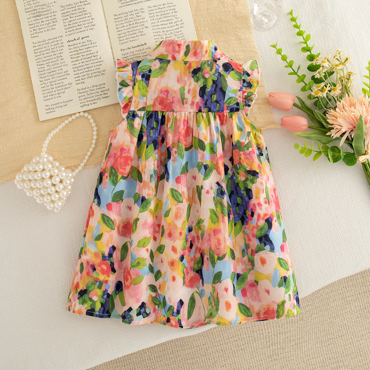 Vestido Infantil de Verão Sem Manga com Estampa Floral – Babados e Gola Alta