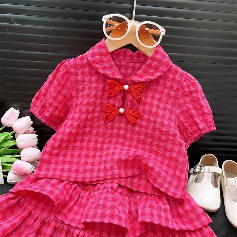 Conjunto Infantil Feminino Xadrez Rosa com Blusa e Saia – Delicadeza e Estilo para as Pequenas