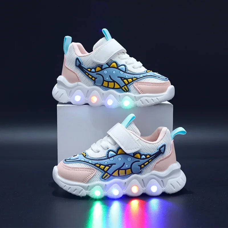 Tênis Infantil com LED Dinossauro – Sapato Esportivo com Luzes para Meninos e Meninas