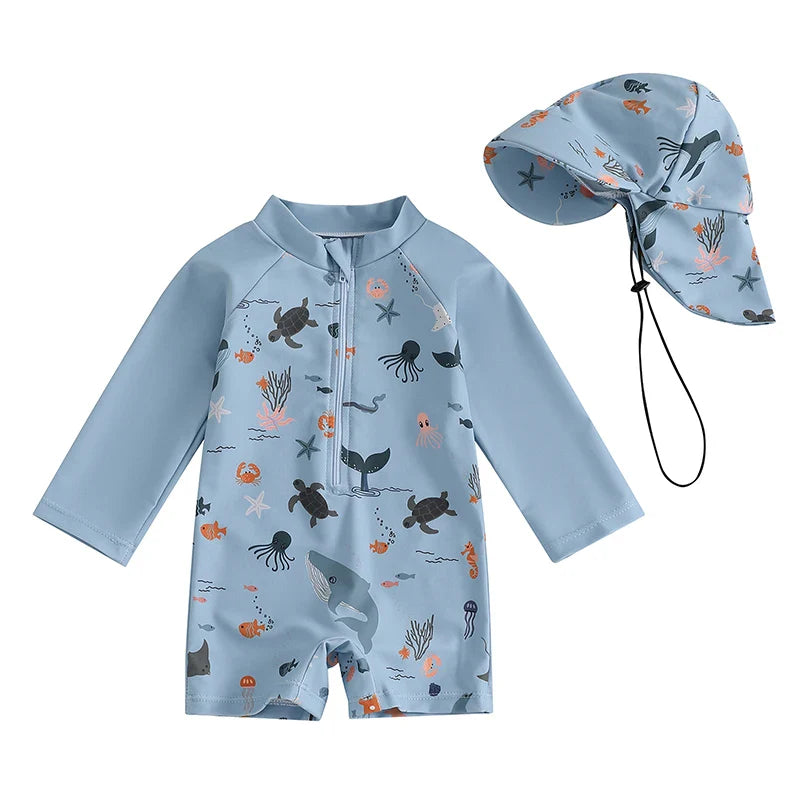 Maiô Infantil Manga Longa com Estampa Marinha + Chapéu – Para Bebês e Meninos de 0 a 3 Anos | Proteção Solar e Zíper Frontal