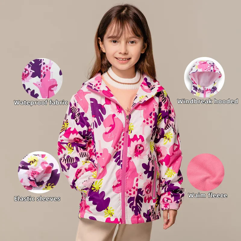 Jaqueta Infantil Impermeável Forrada em Fleece – Corta-Vento de Primavera e Outono para Meninas