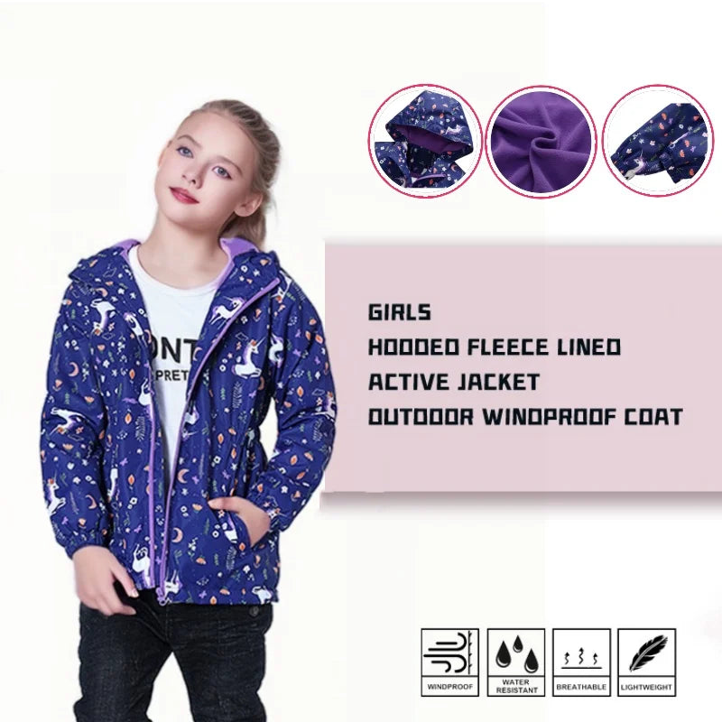 Jaqueta Infantil Impermeável Forrada em Fleece – Corta-Vento de Primavera e Outono para Meninas