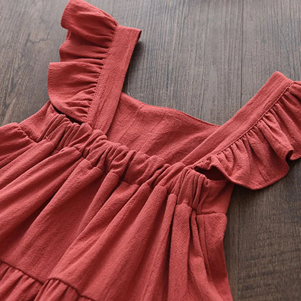 Vestido Infantil de Verão com Babados – Estilo Princesa Coreano, Sem Mangas e Cores Sólidas