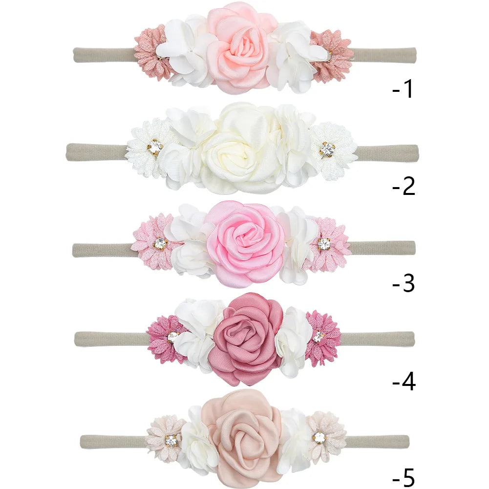 5 Tiaras Florais para Bebê Recém-Nascido – Faixas de Cabelo de Nylon com Flores Artificiais e Strass
