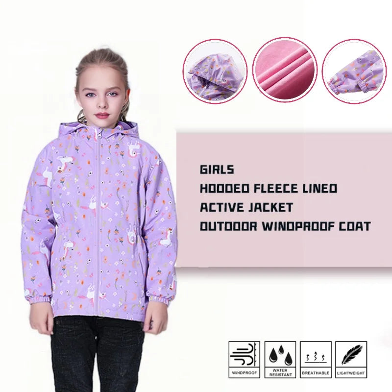 Jaqueta Infantil Impermeável Forrada em Fleece – Corta-Vento de Primavera e Outono para Meninas